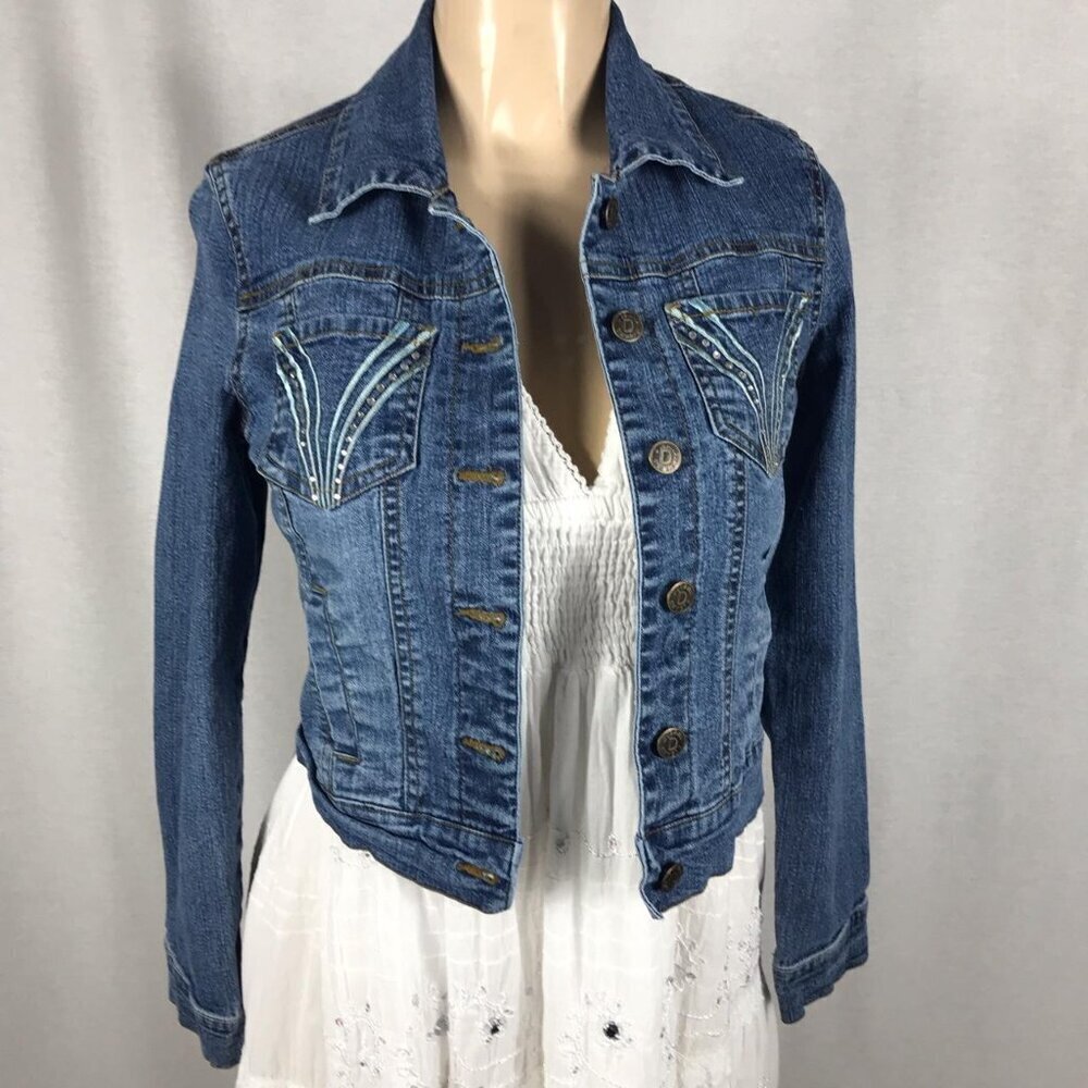 Djeans Size 7/8 Fitted Bedazzled Jean Jacket With Pockets,Buttons. Preloved